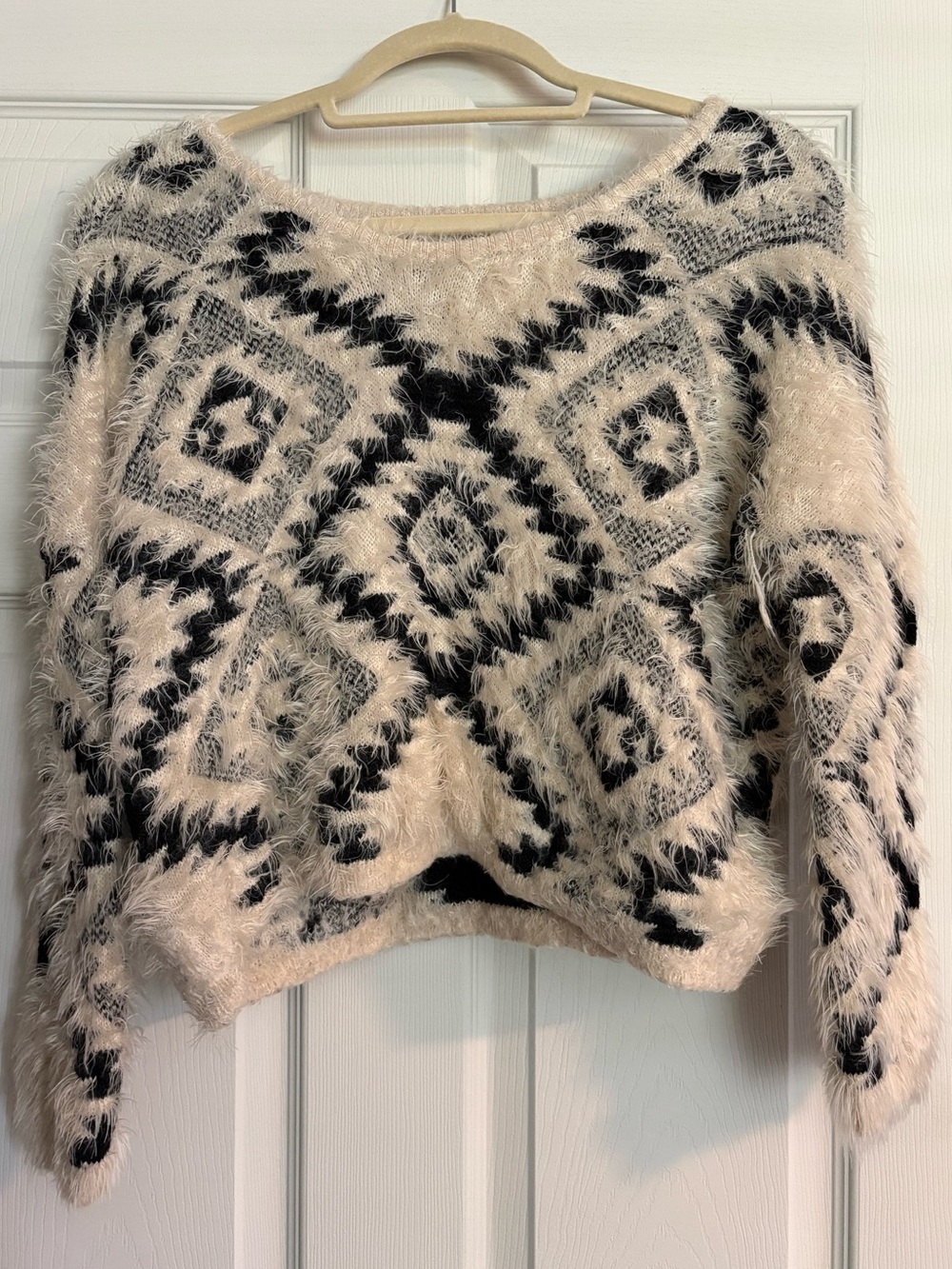 36 Point 5 Fuzzy Geometric Crewneck Sweater - Cream & Black